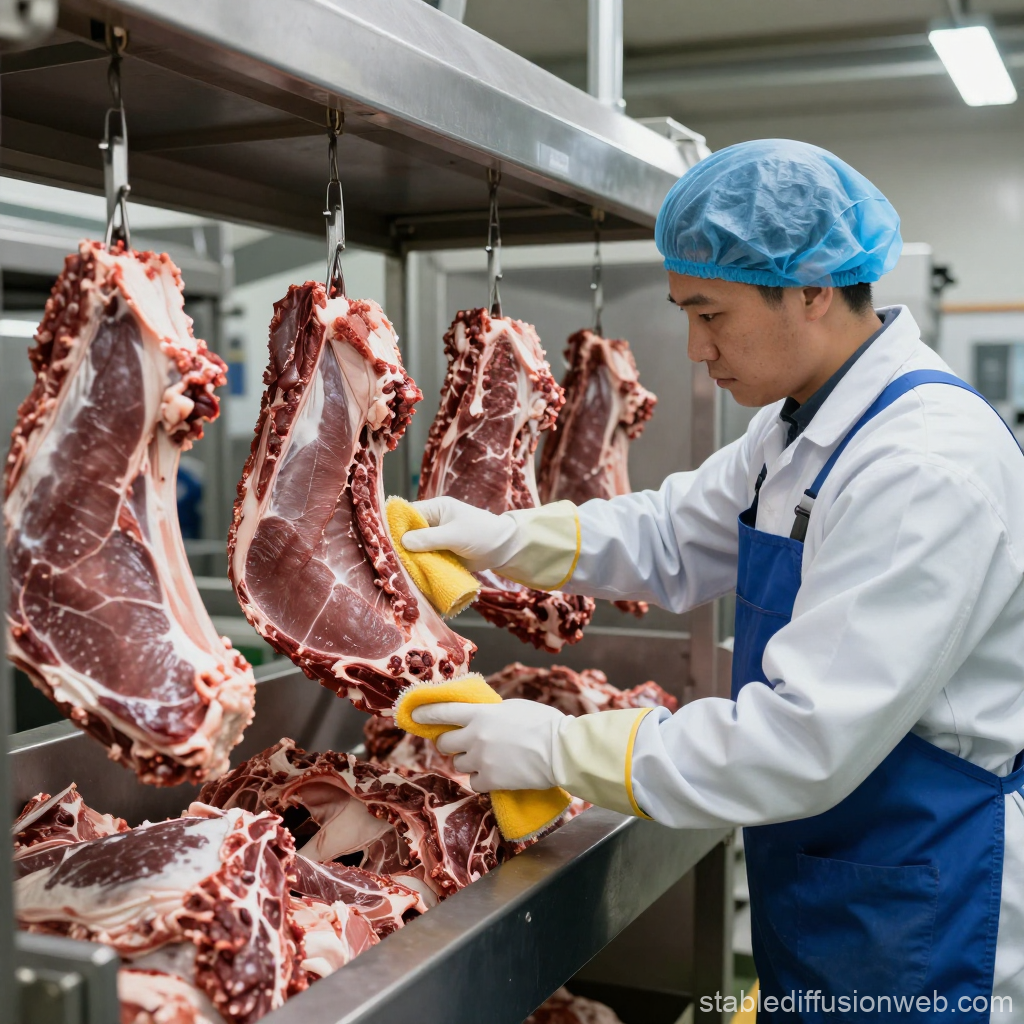 Professional Worker Cleaning Meat in Factory