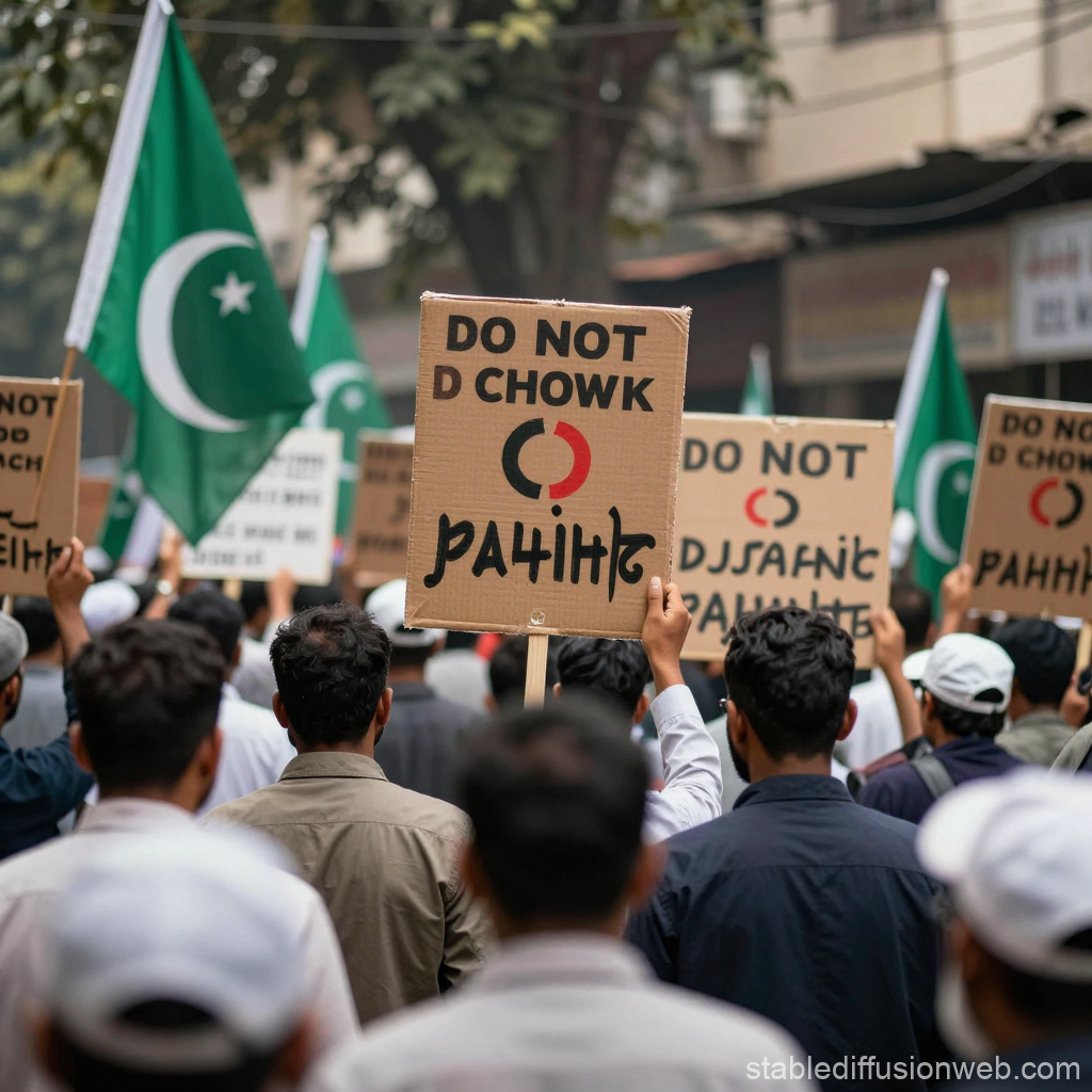 Protesters Holding Signs and Pakistani Flags in a Street Rally