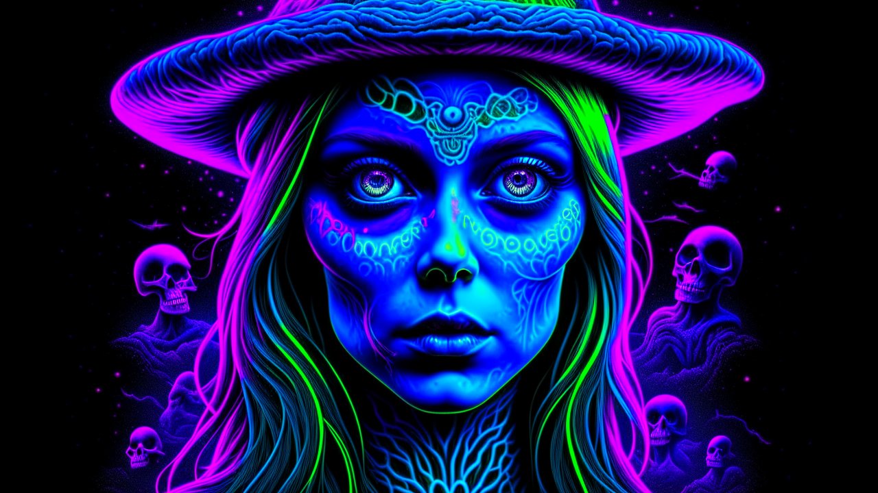 Psychedelic Psychic Witch with Neon Skull Spirits