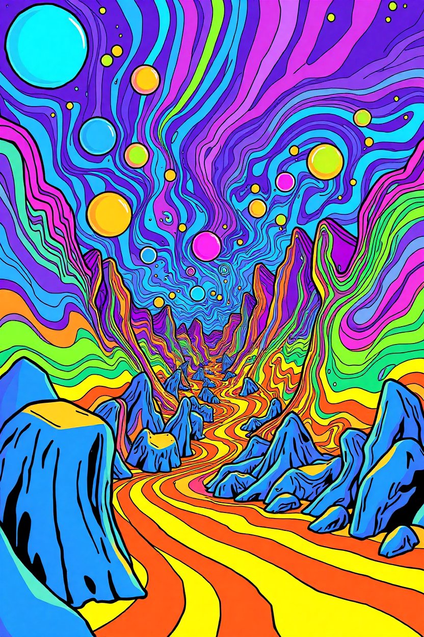 Psychedelic Surreal Landscape with Vibrant Flowing Patterns