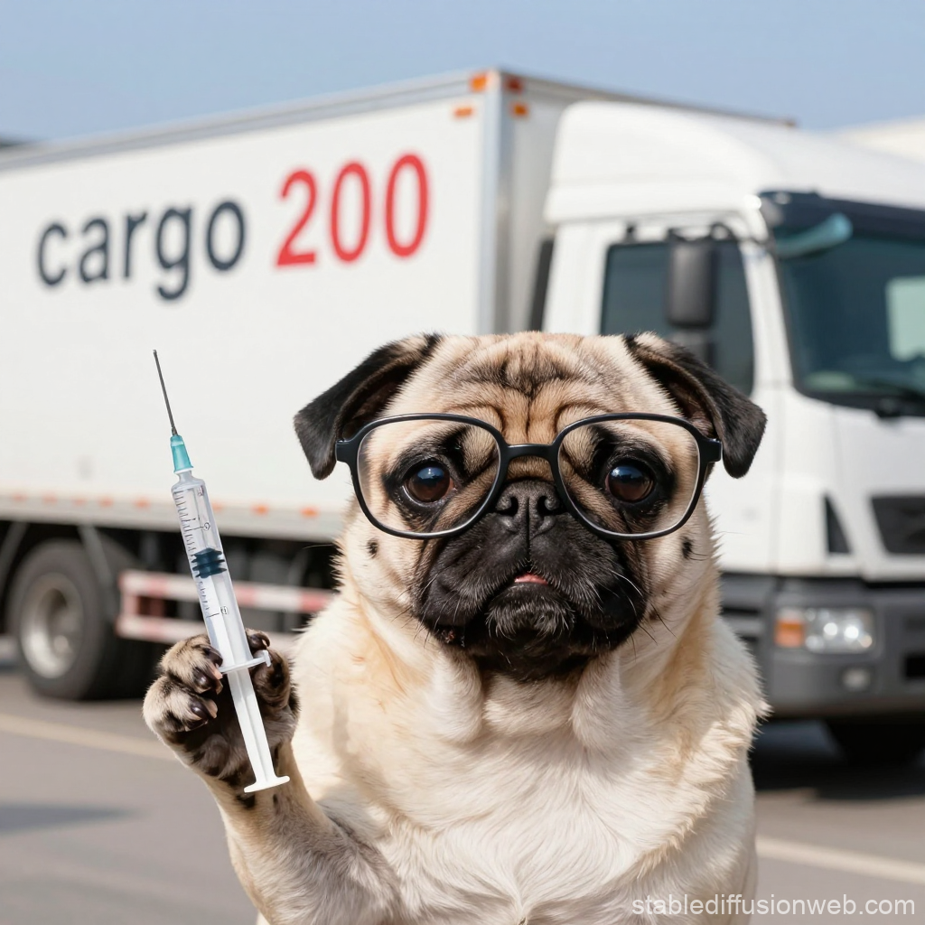 Pug Wearing Glasses Holding Syringe in Front of Cargo Truck