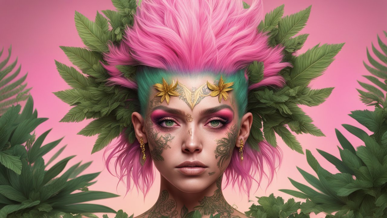 Punk Woman with Pink Hair and Botanical Tattoos