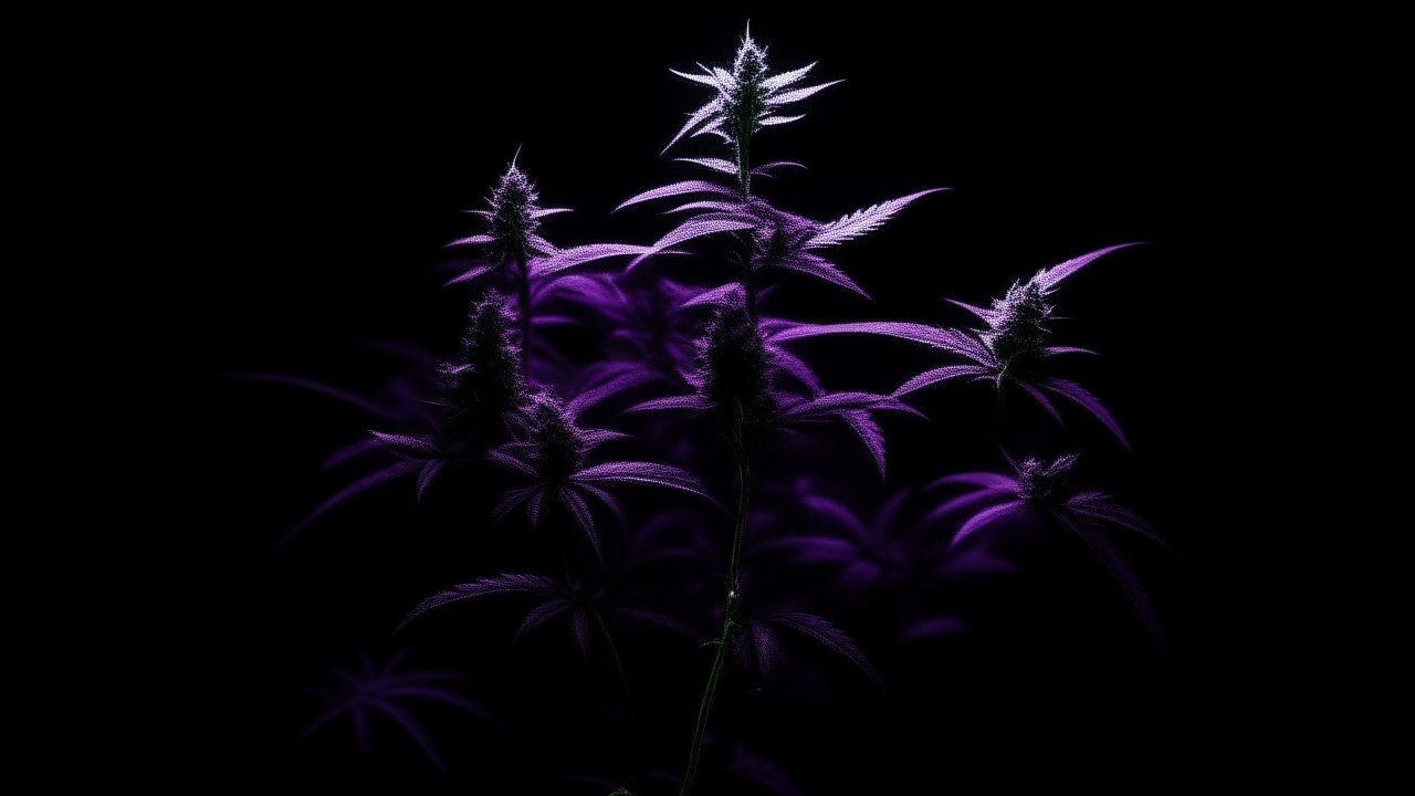 Purple Cannabis Plant Against Black Background
