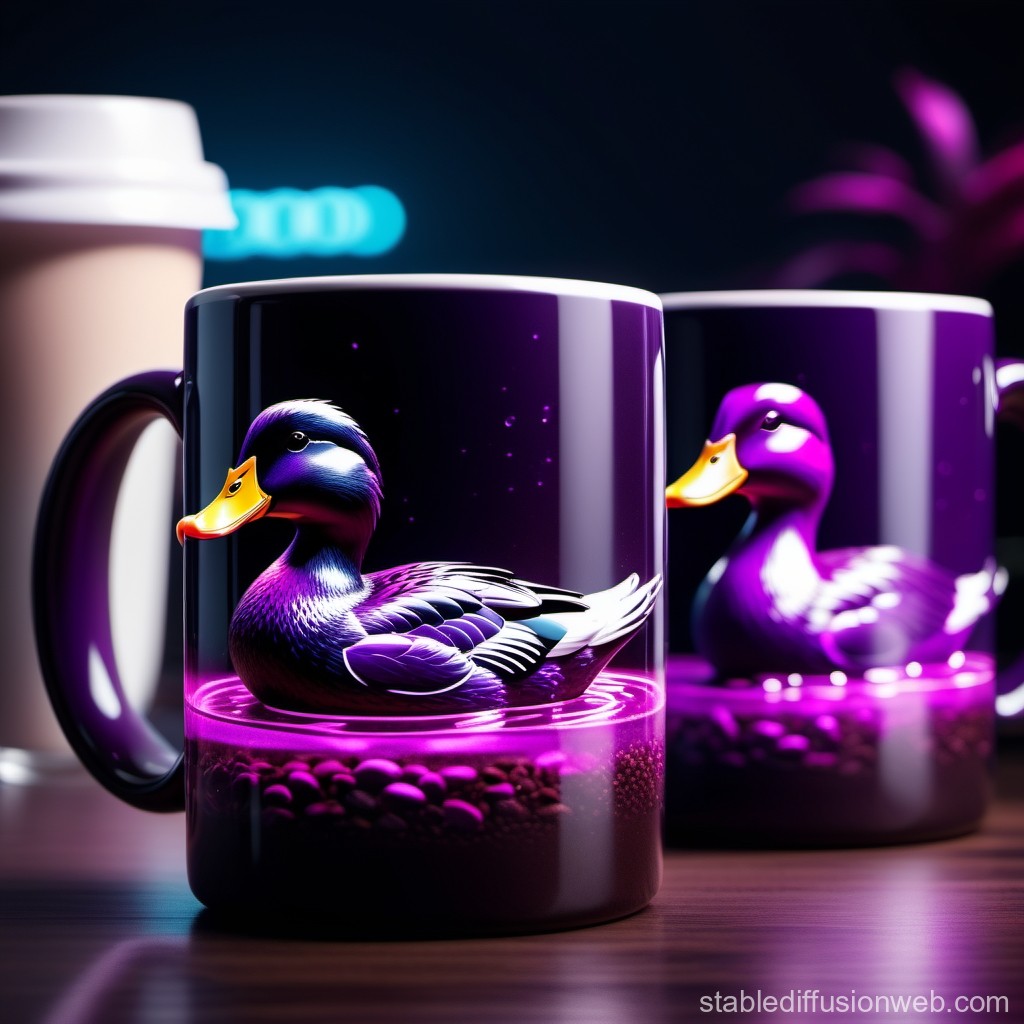 Purple Duck Floating in Coffee Mug with Coffee Beans