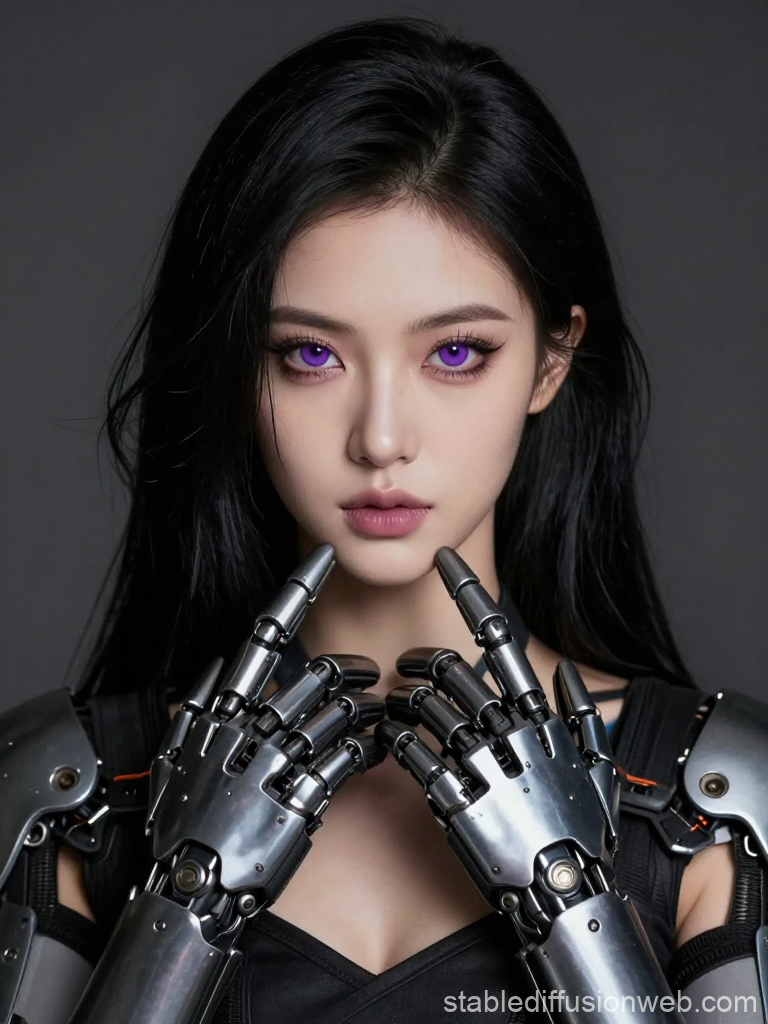 Purple-Eyed Female Inventor with Robotic Exoskeleton