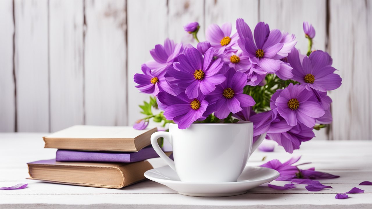 Purple Flowers in White Teacup with Books on Wooden Table