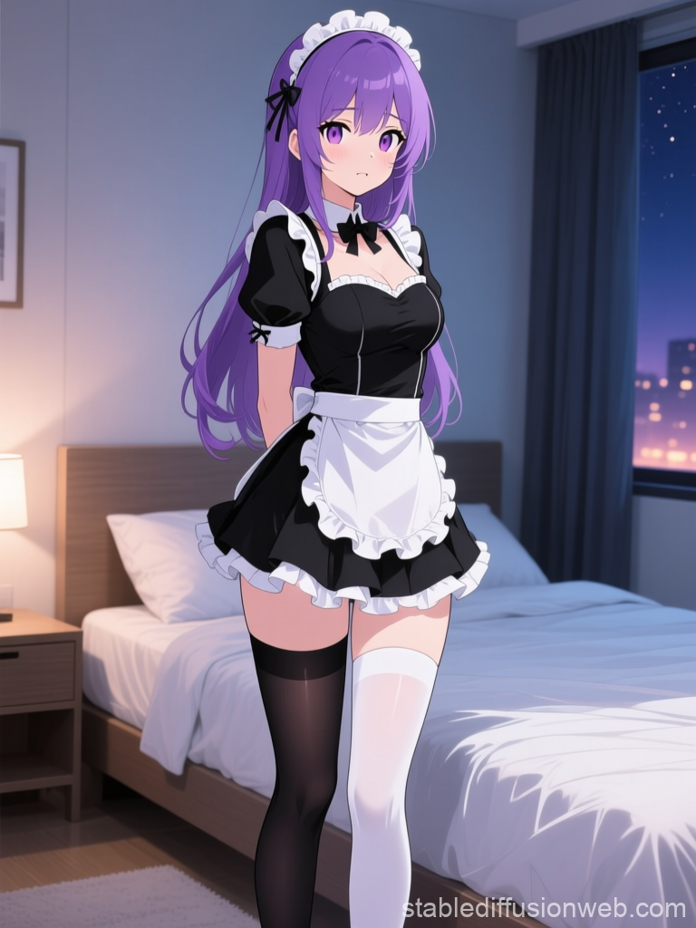 Purple-Haired Anime Maid in Cozy Bedroom