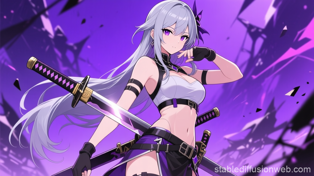 Purple-Haired Female Warrior with Dual Katanas