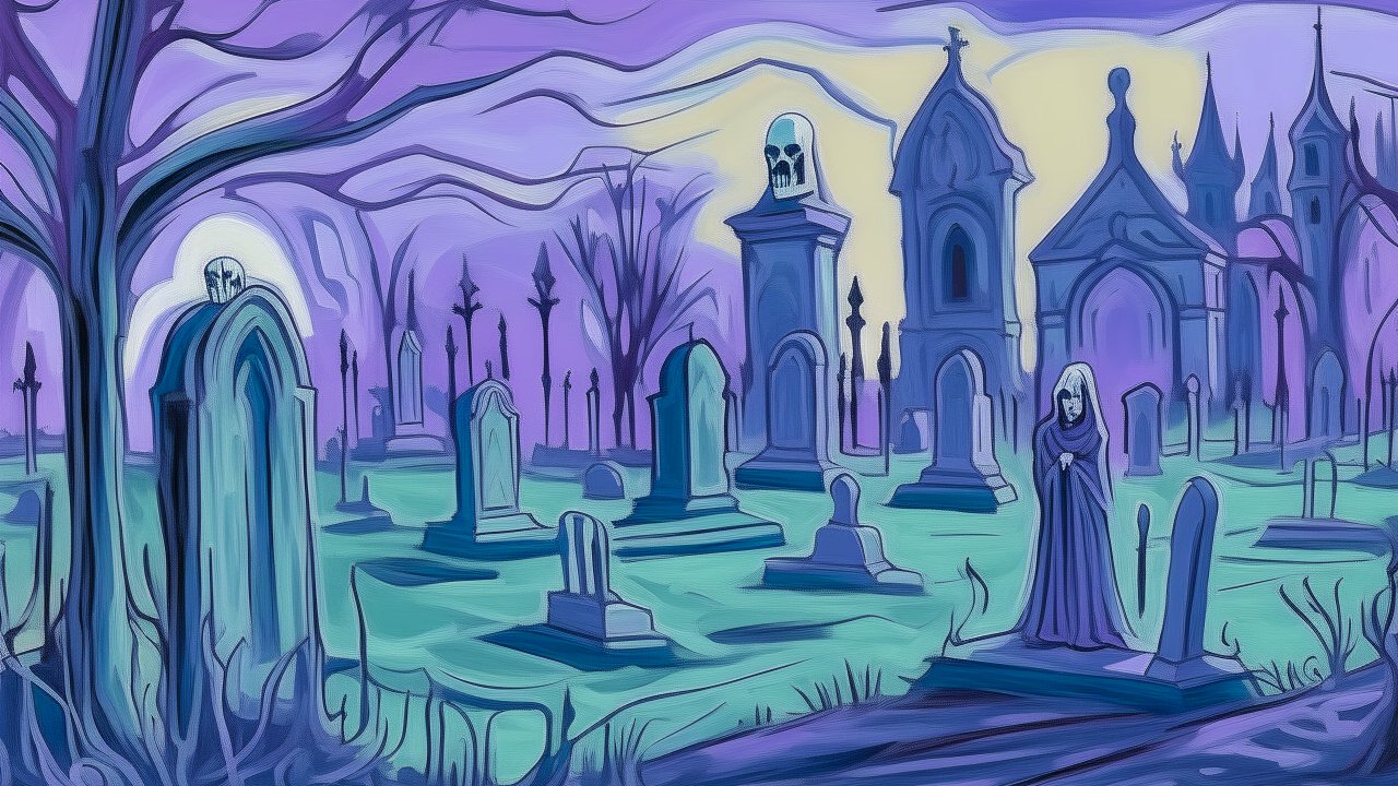 Purple-Hued Graveyard with Gothic Tombstones and Hooded Figure