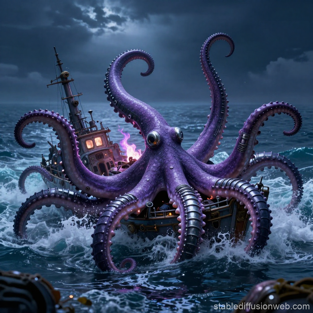 Purple Mechanized Octopus Attacking a Ship at Sea