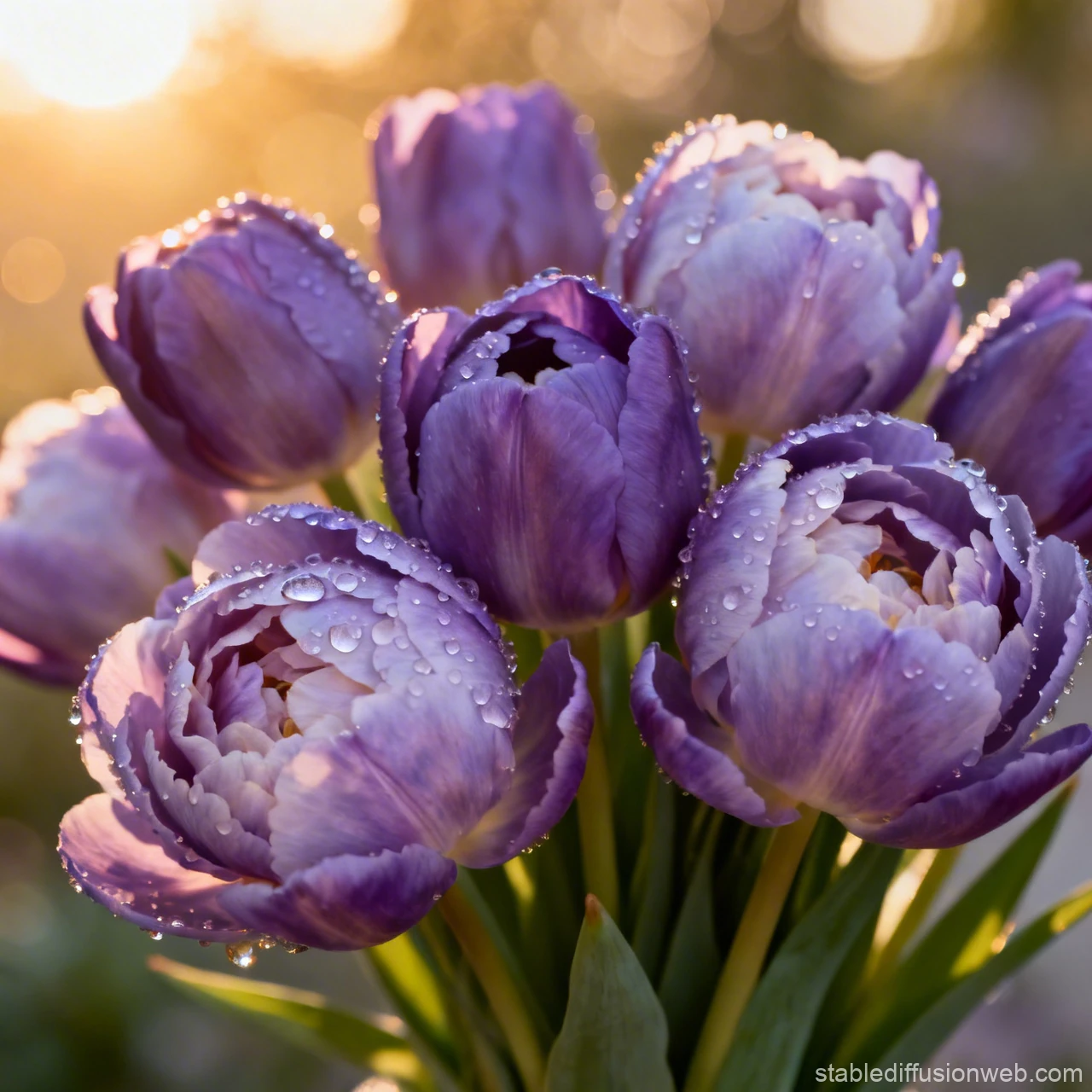 Purple Peonies with Dew Drops in Warm Sunlight