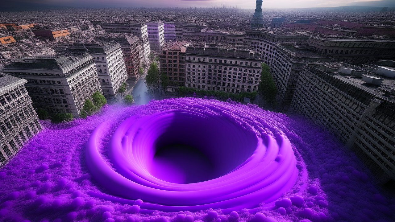 Purple Vortex Swirling Through Urban Cityscape