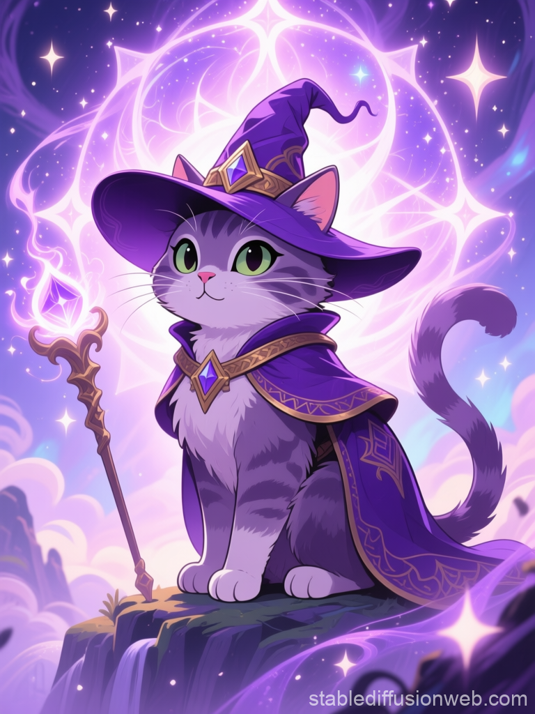 Purple Wizard Cat in Magical Fantasy Setting