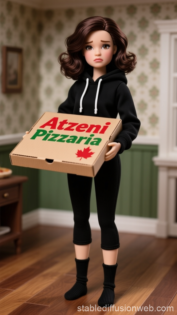 Puzzled Doll Holding Pizza Box in Cozy Room