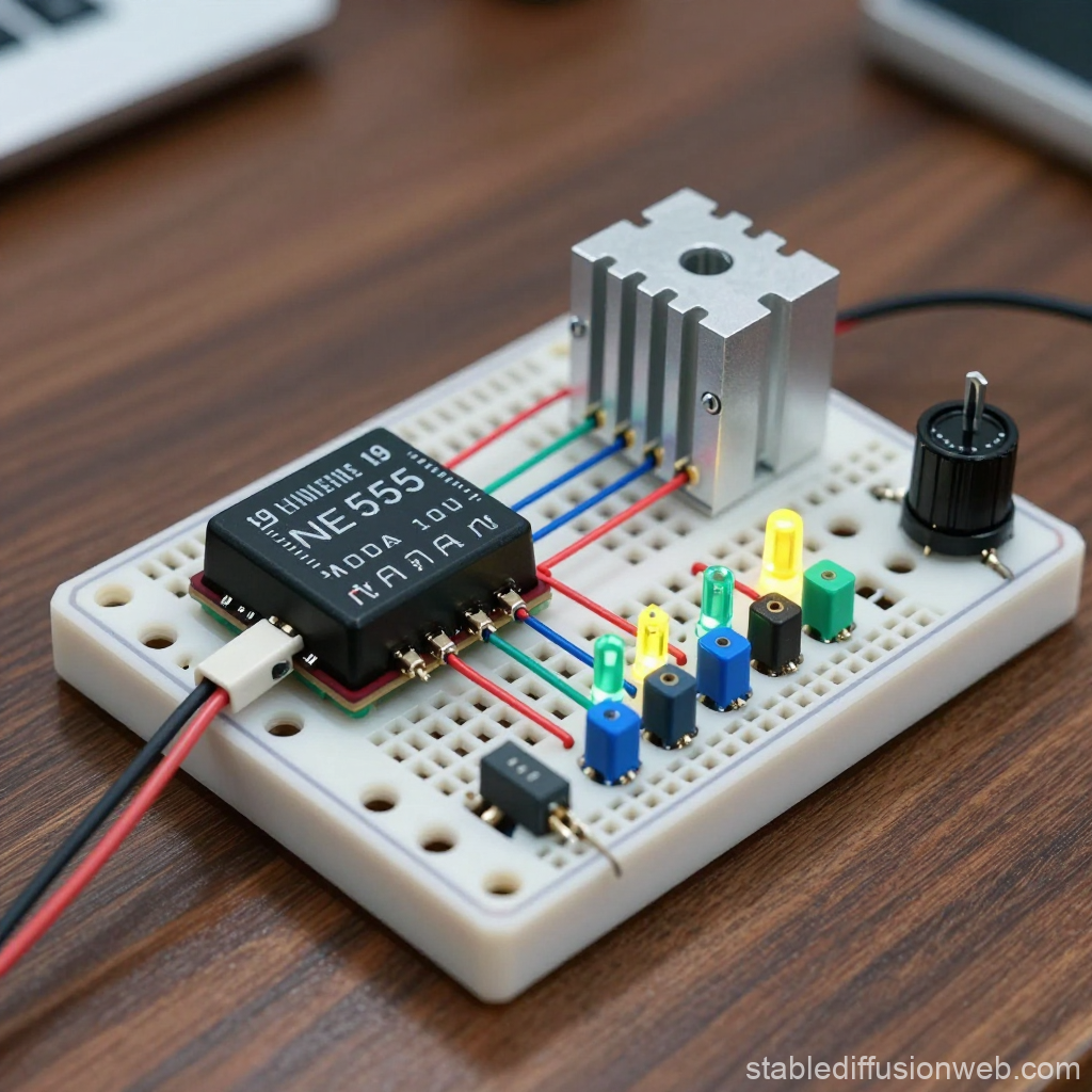 PWM Circuit on Breadboard with NE555 Timer and LEDs