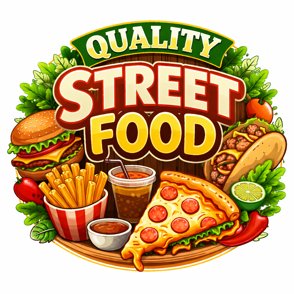 Quality Street Food Logo with Burger, Pizza, Taco, and Fries