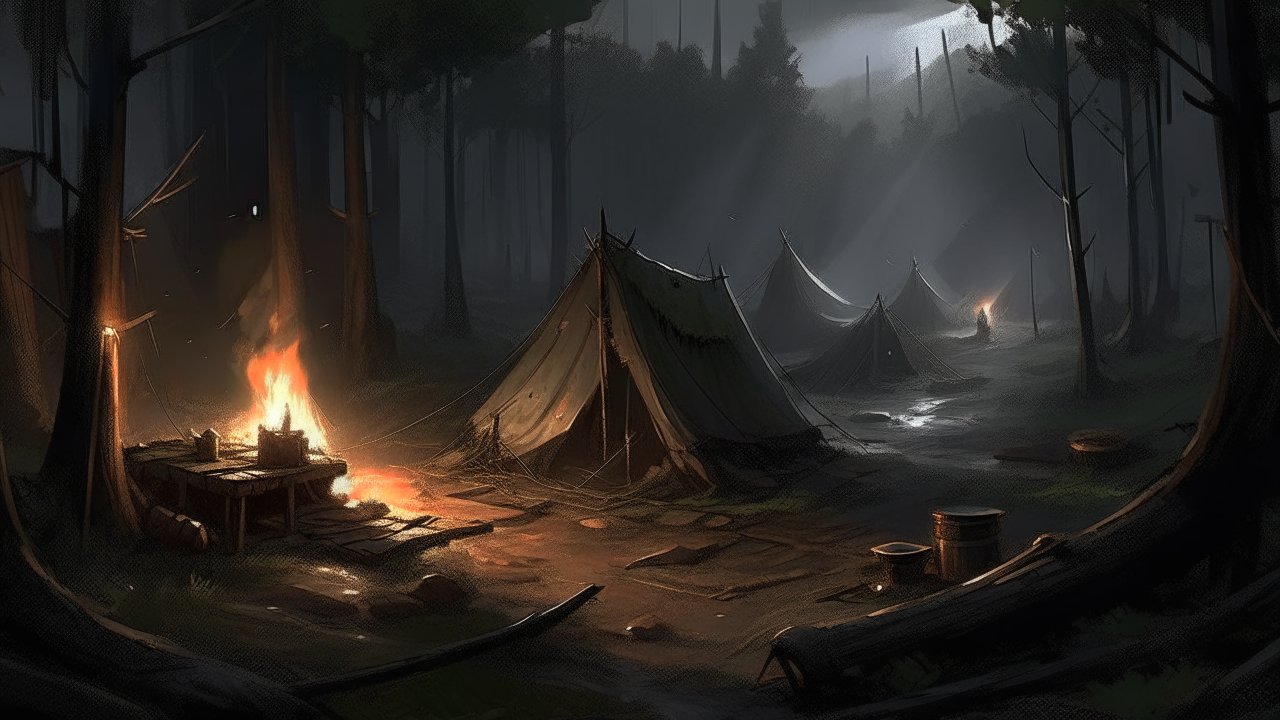 Quiet Campfire in a Dark Forest After Battle