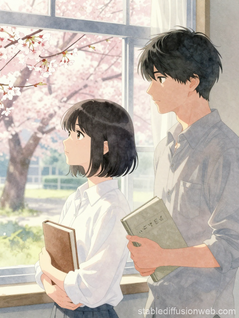 Quiet Moment by the Window with Cherry Blossoms