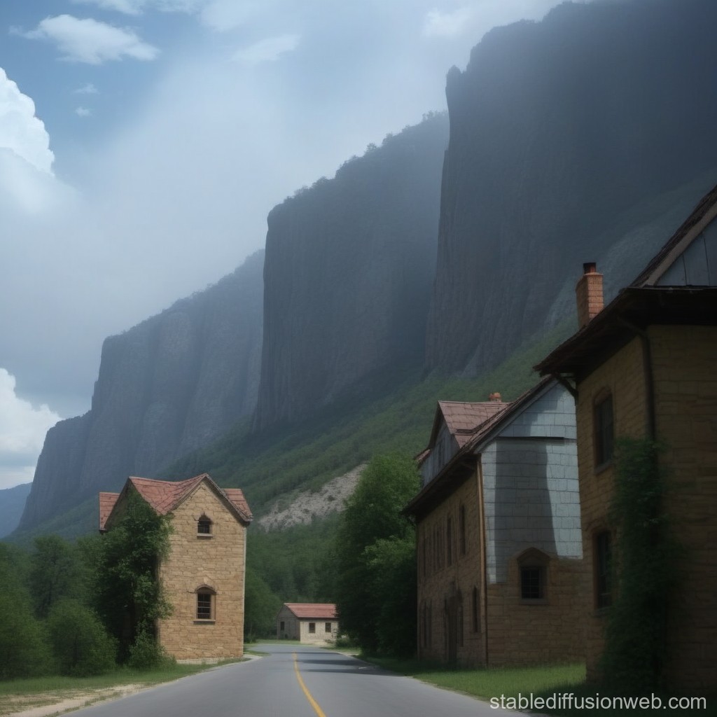 Quiet Mountain Village Road with Stone Houses