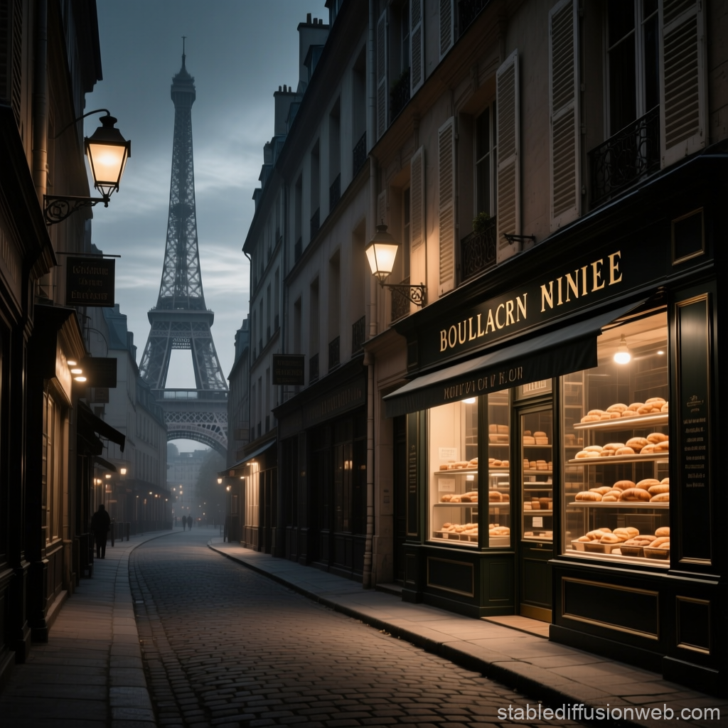 Quiet Parisian Street with Bakery and Eiffel Tower at Dusk