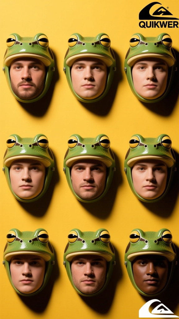 Quiksilver Frog Helmets with Human Faces on Yellow Background