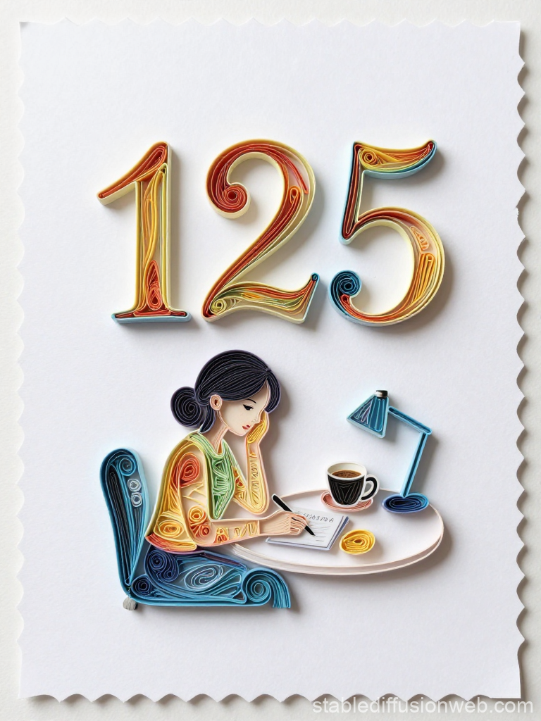 Quilled Paper Art of Woman Writing with Number 125