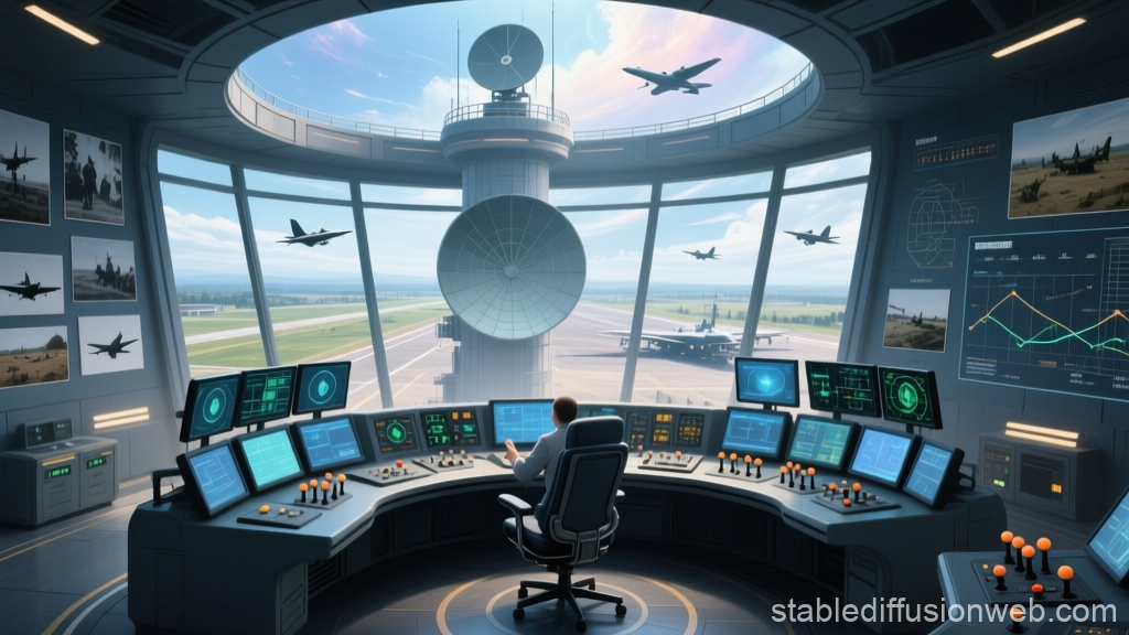 Radar Command Center Overlooking Airfield with Aircraft