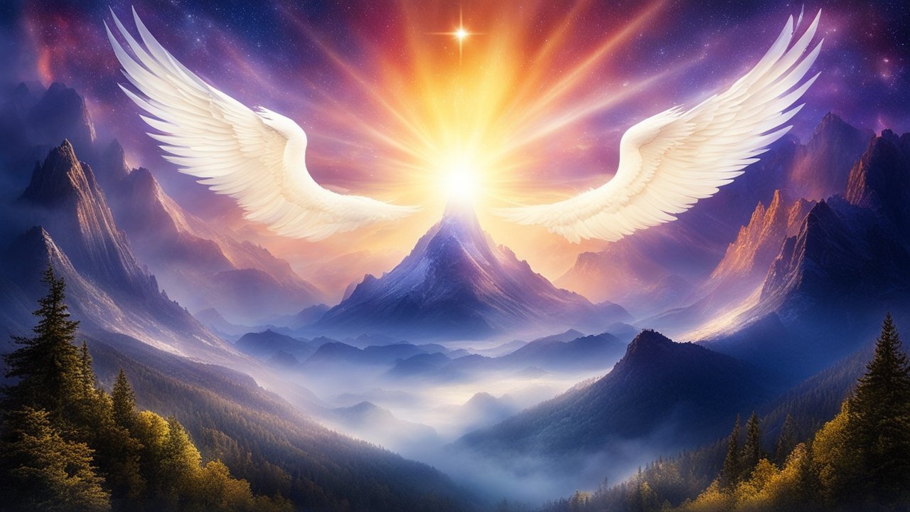 Radiant Angel Wings Over Mystical Mountain