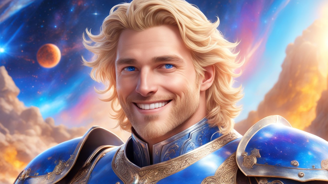 Radiant Cosmic Knight with Blonde Hair and Blue Armor