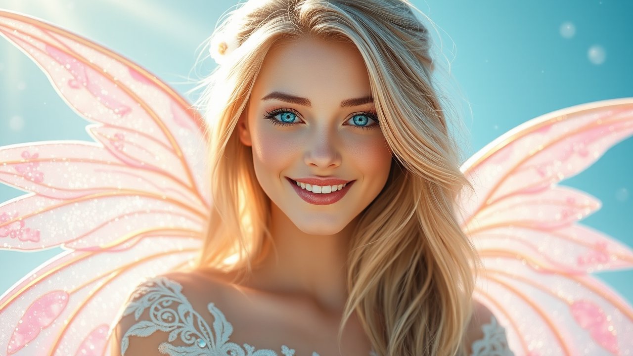 Radiant Fairy with Sparkling Pink Wings and Blue Eyes