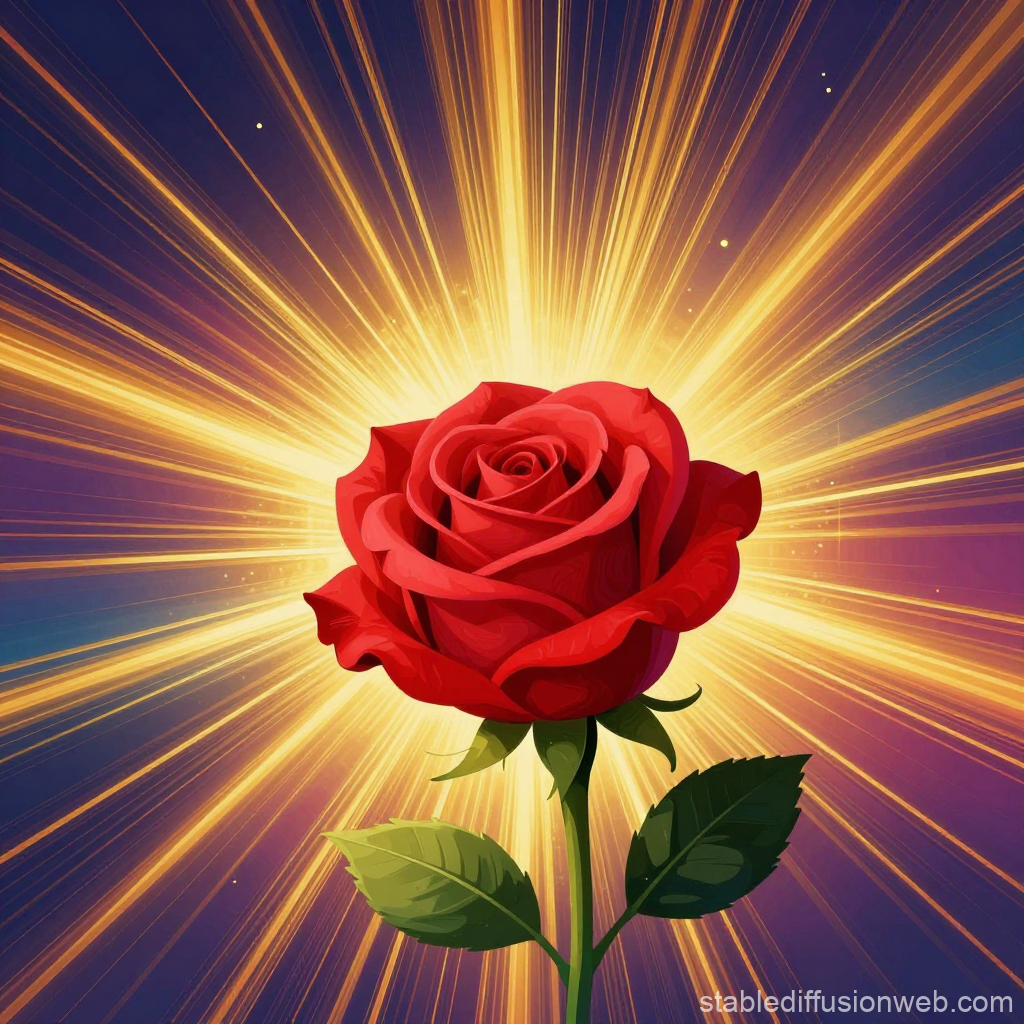 Radiant Red Rose with Golden Light Burst