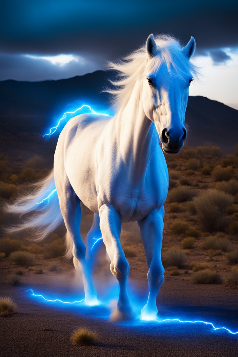 Radiant White Horse with Electric Blue Lightning