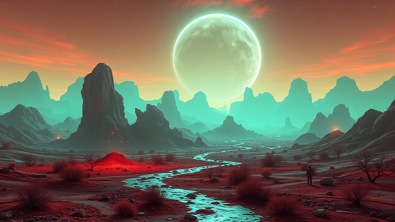 Radiation-Lit Alien Landscape with Glowing Moon