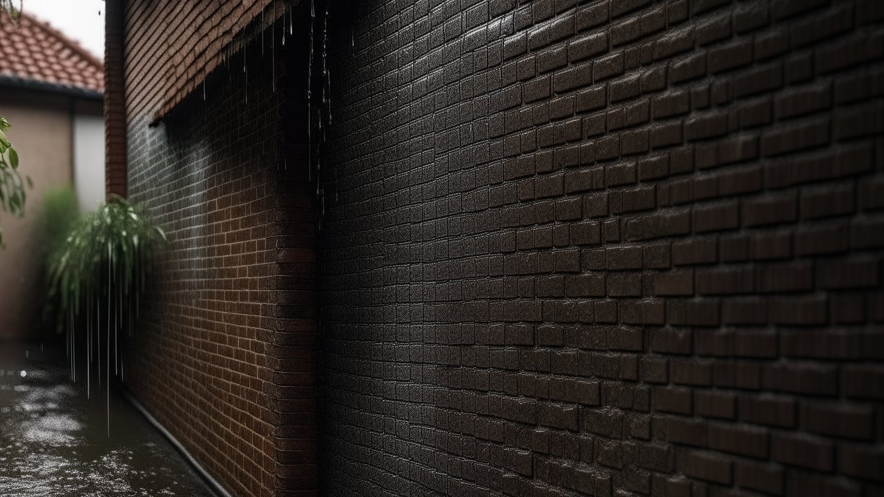 Rain-soaked Brick Wall of a House