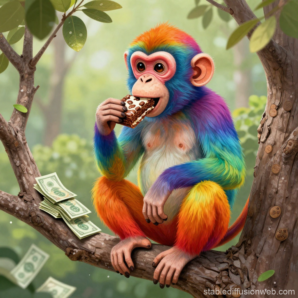 Rainbow Monkey Eating Brownie on Tree Branch