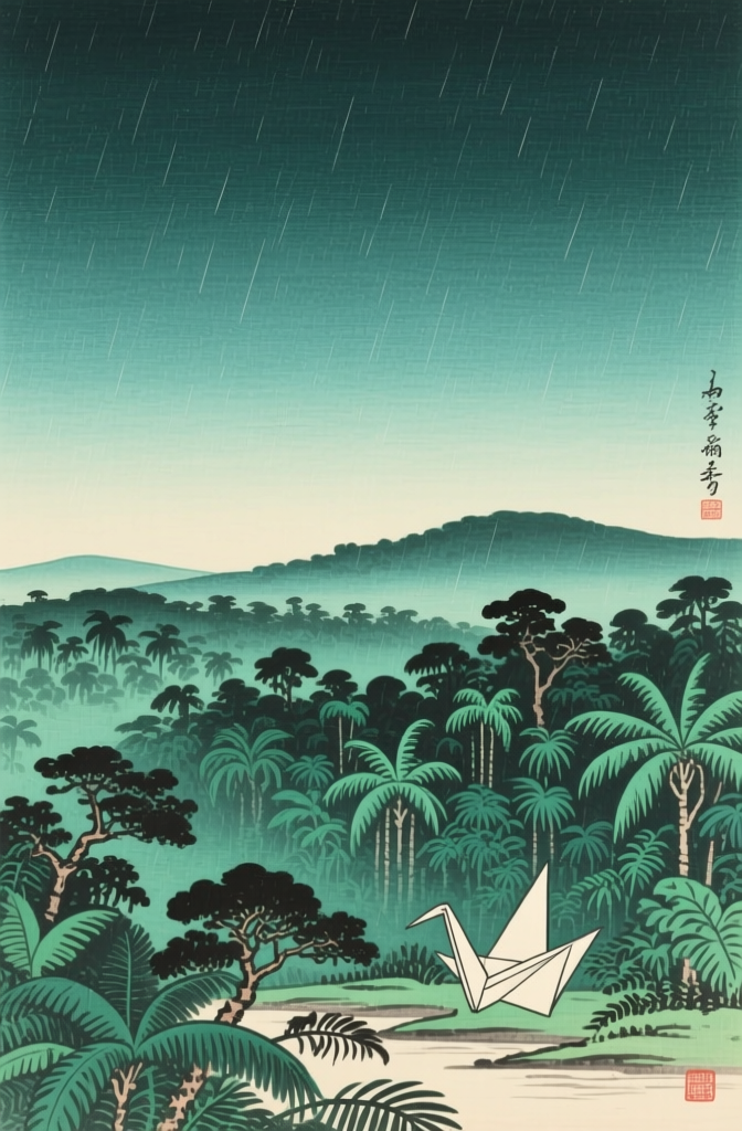 Rainy Amazon Rainforest with Origami Crane