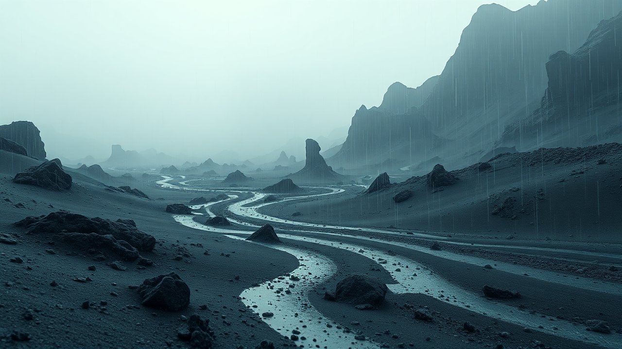 Rainy Ash-Covered Landscape with Winding River