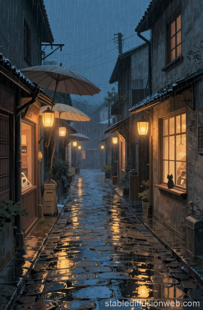 Rainy Cobblestone Street with Warm Lanterns