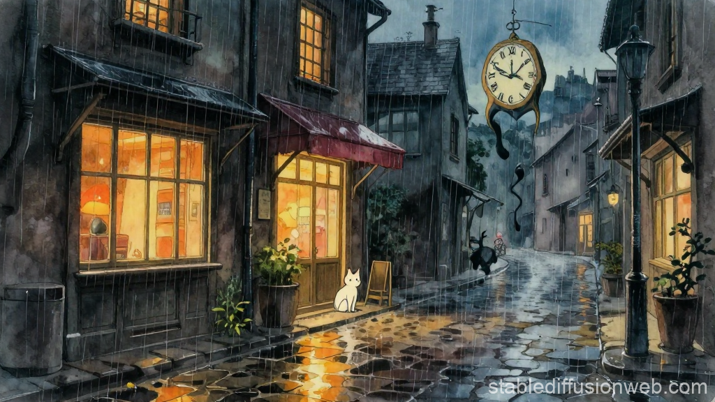 Rainy Evening on a Cozy Ghibli-Inspired Street