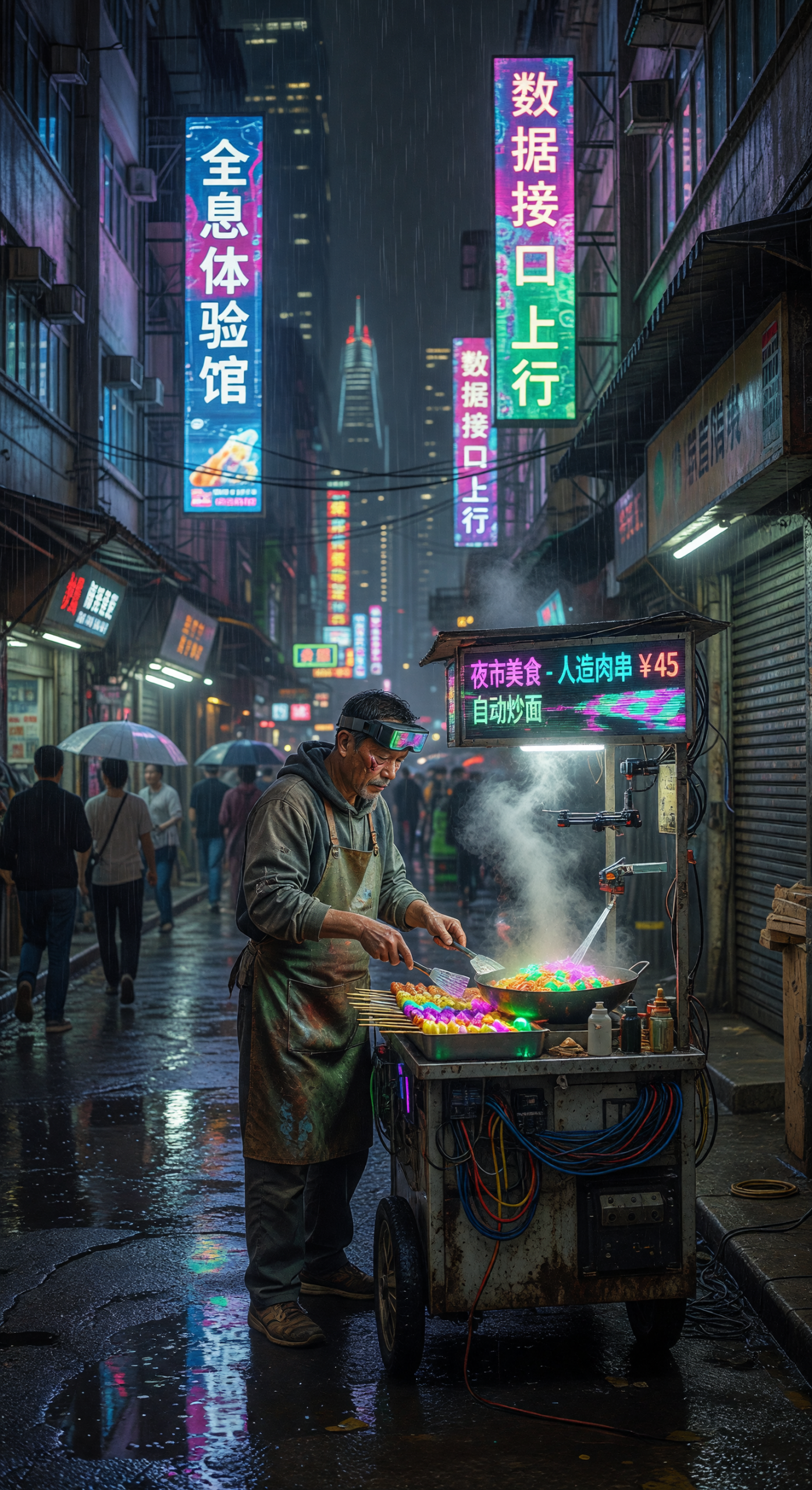 Rainy Neon Cyberpunk Street Food Stall in Hong Kong