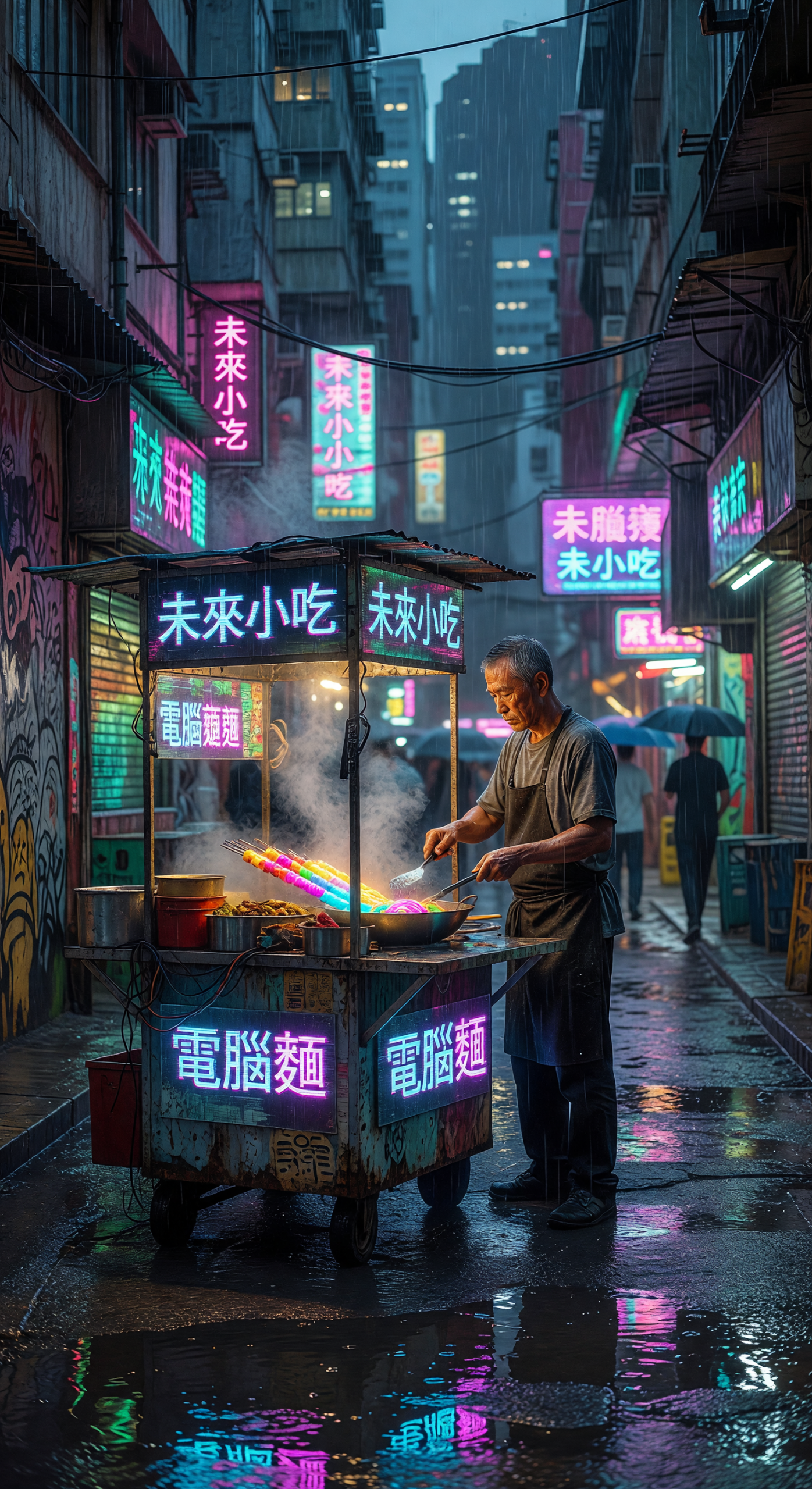 Rainy Neon Hong Kong Street Food Stall at Night