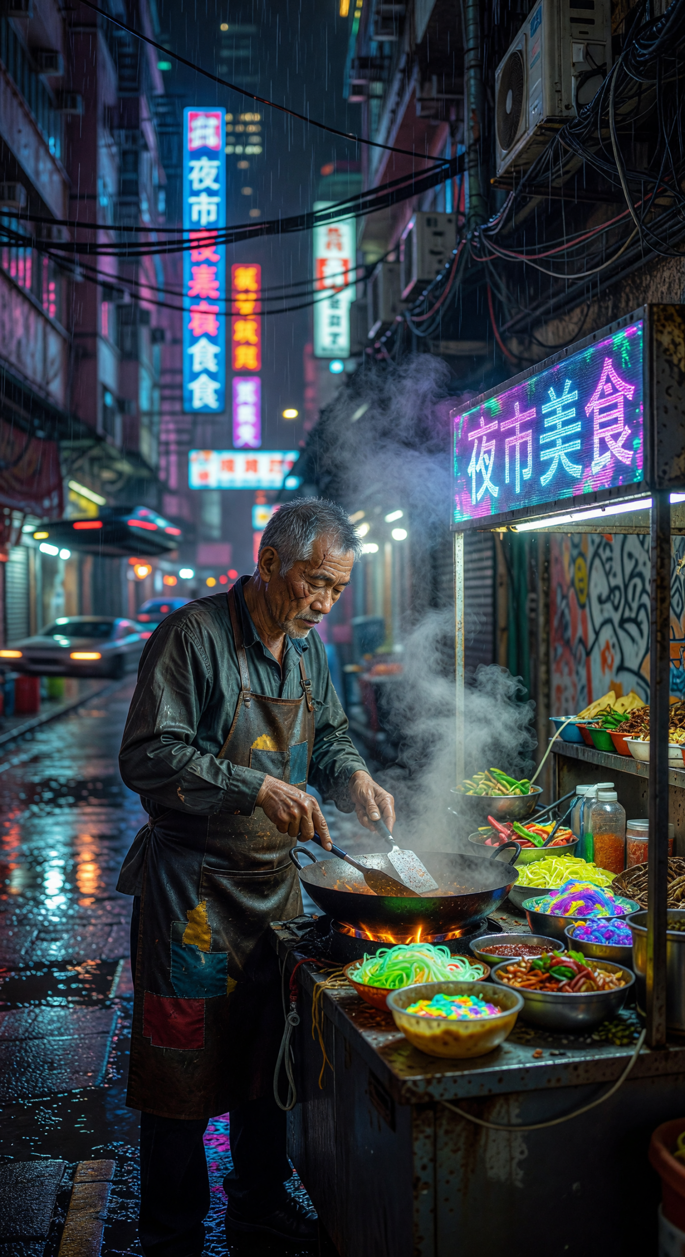 Rainy Neon Night Market Vendor Cooking in Cyberpunk City