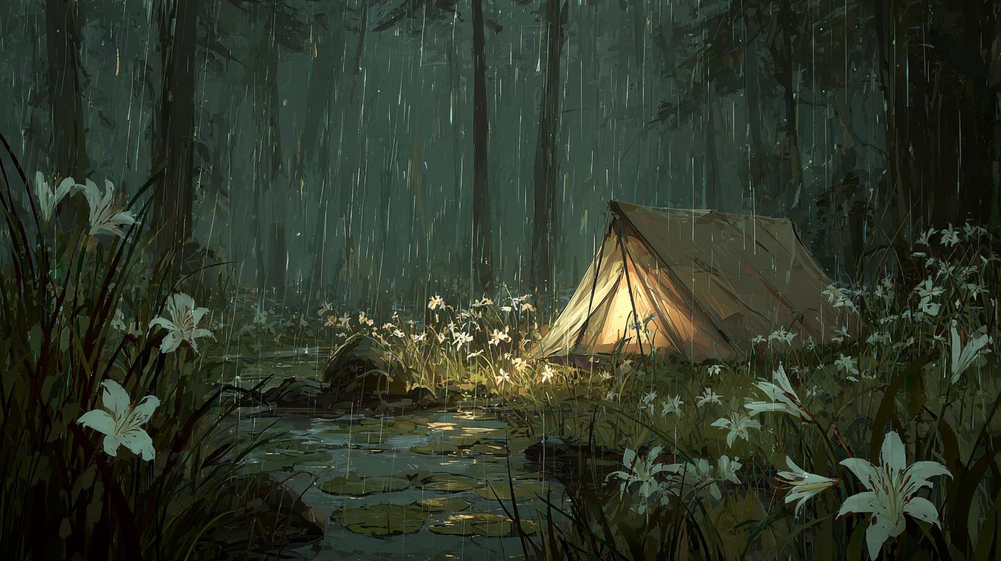 Rainy Night Camping by a Lily-Filled Pond