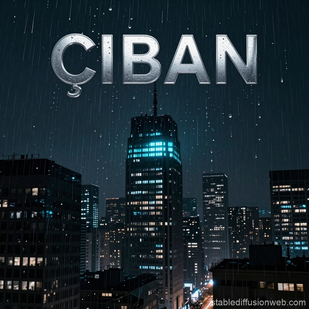 Rainy Night Cyberpunk Cityscape with Metallic Text