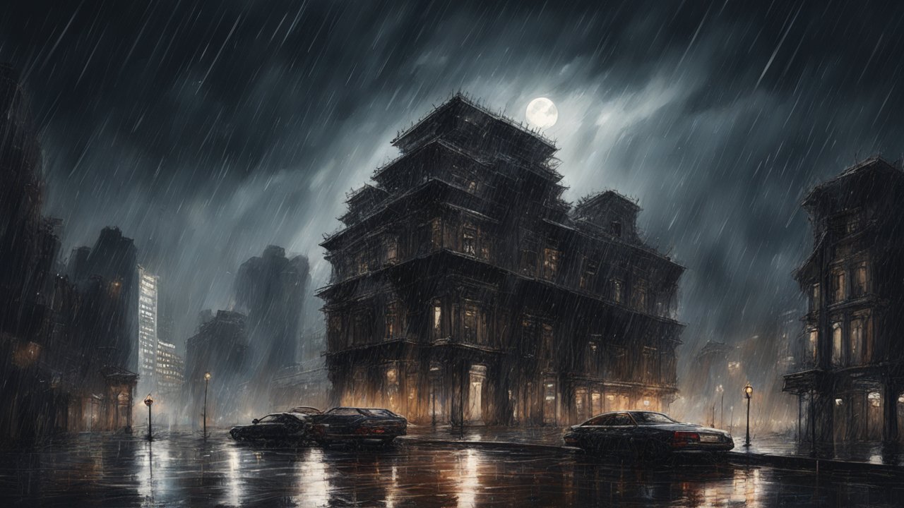 Rainy Night in a Dark Urban Cityscape
