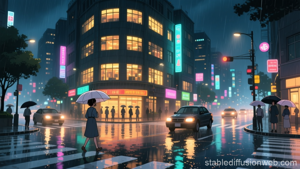 Rainy Night in a Neon-Lit Anime City