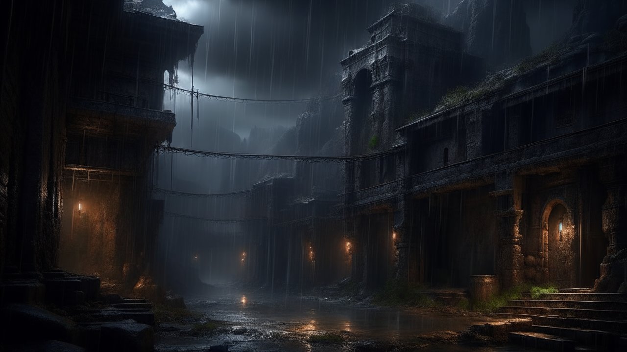 Rainy Night in Ancient Stone Ruins