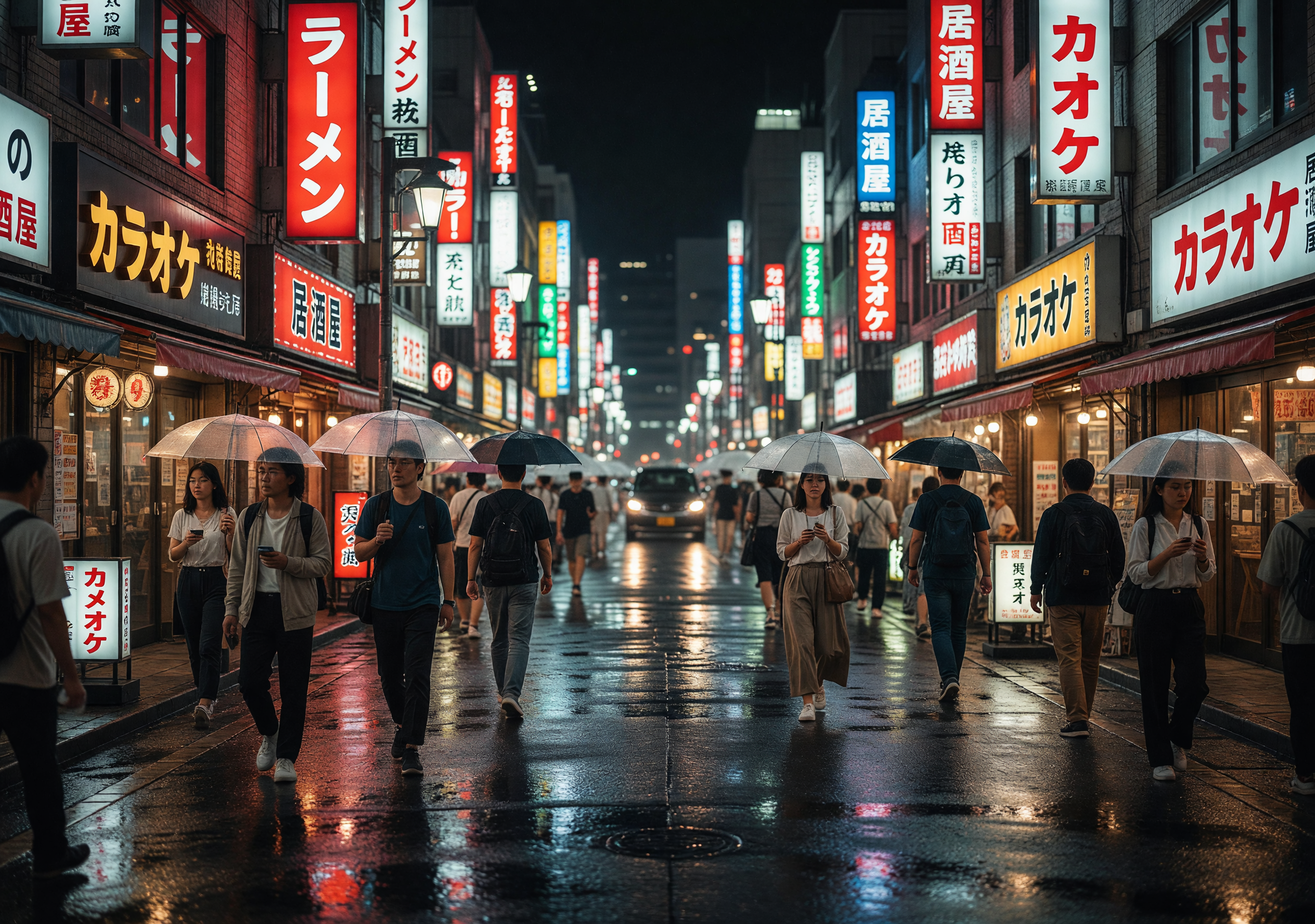 Rainy Night in Neon-Lit Tokyo Street