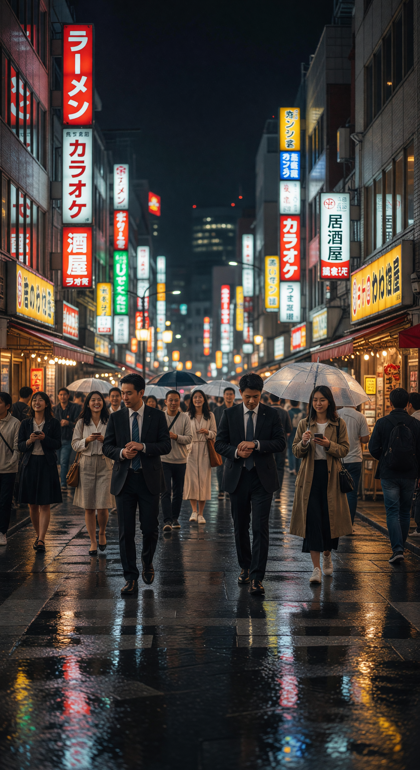 Rainy Night in Tokyo Street with Neon Signs