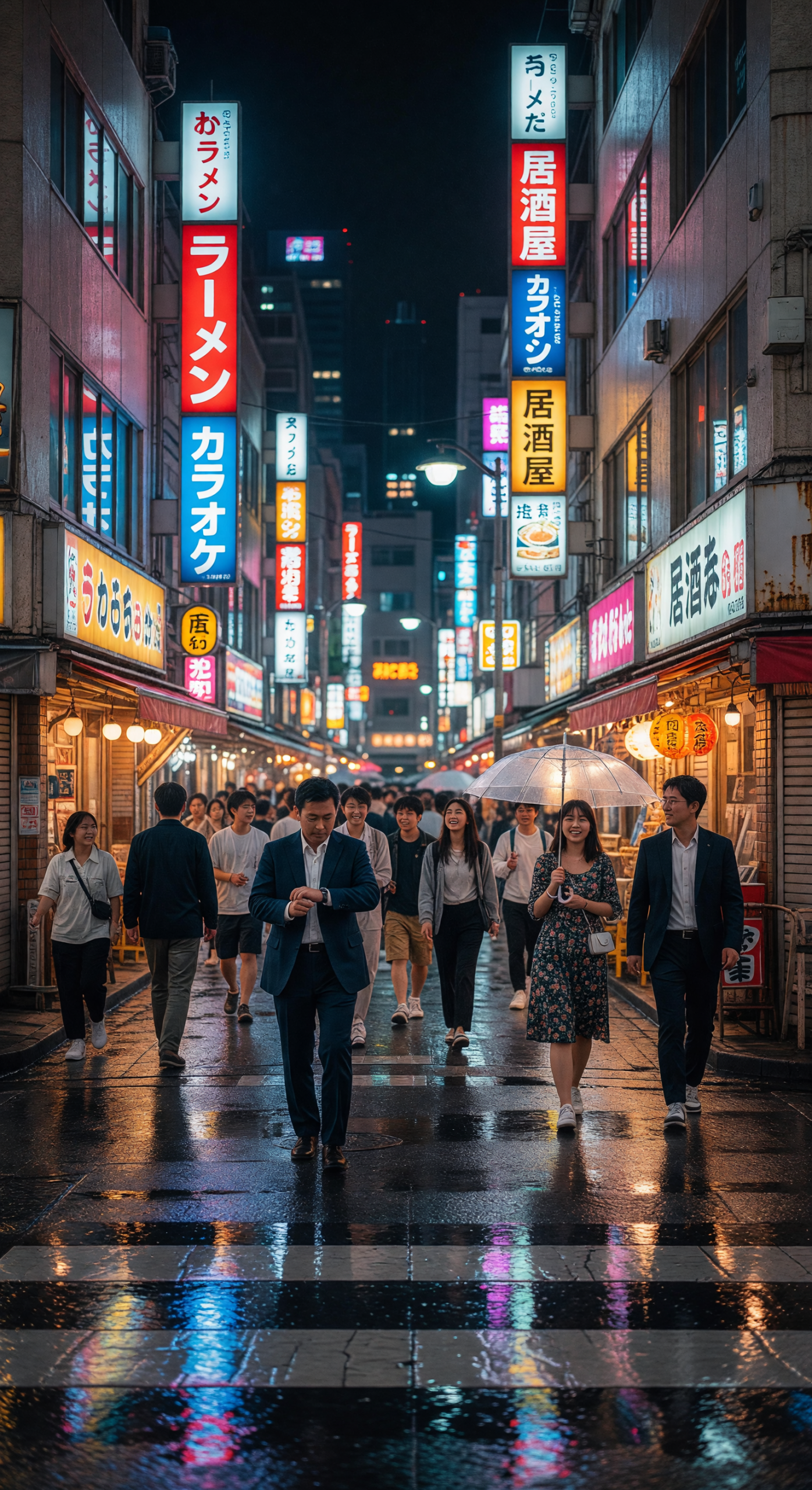 Rainy Night in Tokyo Street with Neon Signs